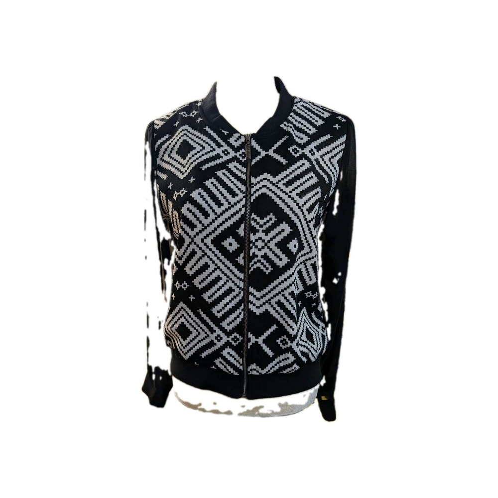 BCBG Maxazaria Women Jacket Size M Black & White Bomber Style With Sheer Sleeves